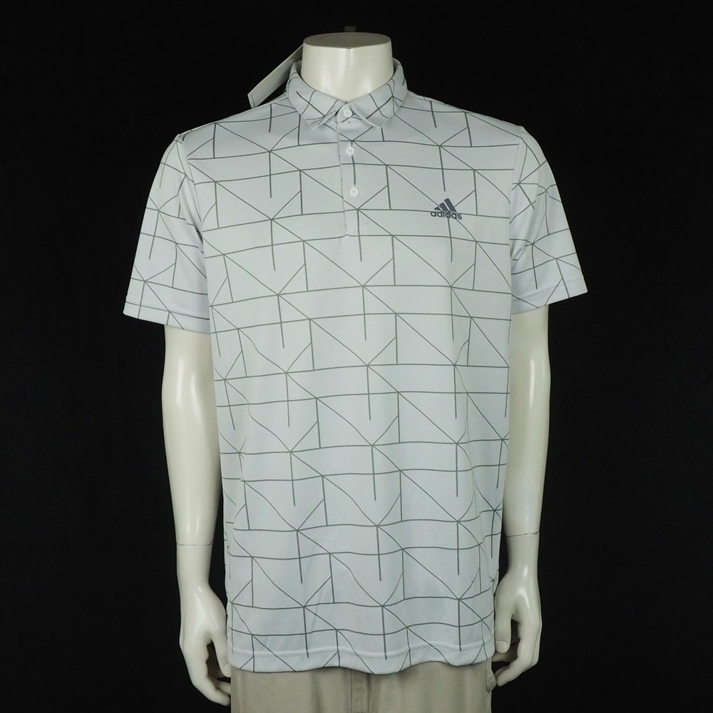 New Adidas Golf Jacquard Lines Polo Shirt Mens Large Light Gray AOP Geometric